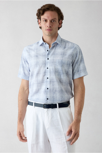 Kiğılı Short Sleeve Regular Fit Pocketed Linen Blend Plaid Sport Shirt