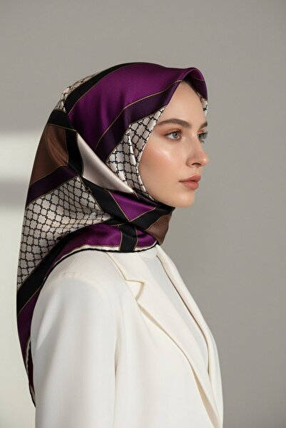 Vissona %100 Twill İpek Geometrik Desenli Mürdüm - Siyah Renkli 90x90 Eşarp D...