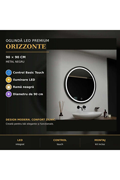 OEM Oglinda LED Rotunda, 90cm, Orizzonte Rama Neagra, Basic Touch
