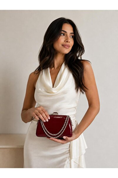 womenacs Burgundy Color Rustic Material Design Evening Dress Clutch Chain Str...