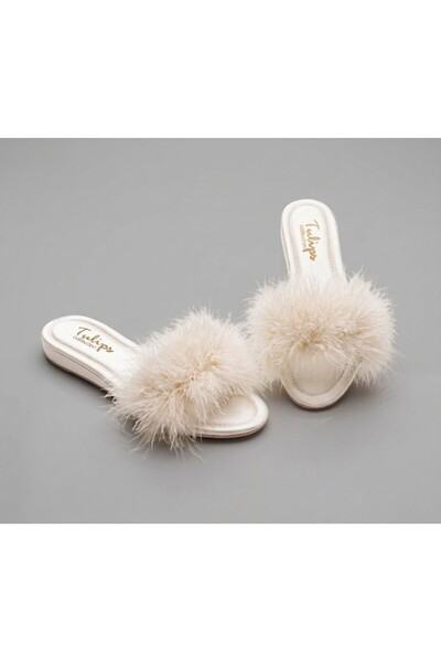 Ceyyiz Tulips Ecru Heelless Goose Feather Women's Slippers 561