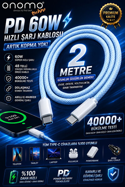 Onomo Techno 60w Hızlı Şarj 2 Metre Örgü Kablo Type-C Şarj Kablosu Iphone, Sa...