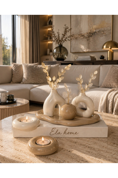 Ela Home Minimal dekoratif, kahve vazo seti Tealight Mumluklu 6 parça Bohem v...