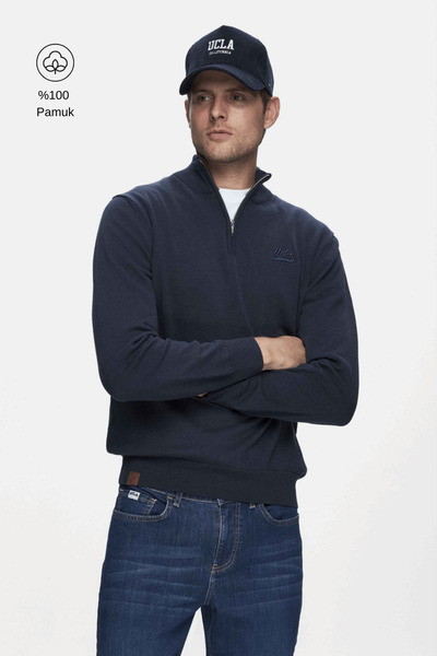 UCLA Fred Navy Blue Half-Zip Embroidered Standard Fit Men's Knitwear