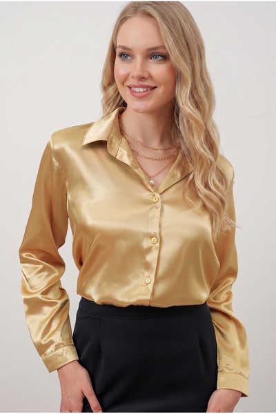 hazelin Kadın Gold Hafif Dökümlü Saten Yüzeyli Gömlek HZL22W-BD139641
