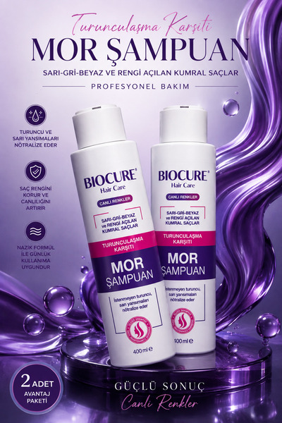 Biocure Turunculaşma Karşıtı Mor Şampuan / Sarı-gri-rengi Açılan Kumral Saçlar Için 400 Ml. X 2 Adet