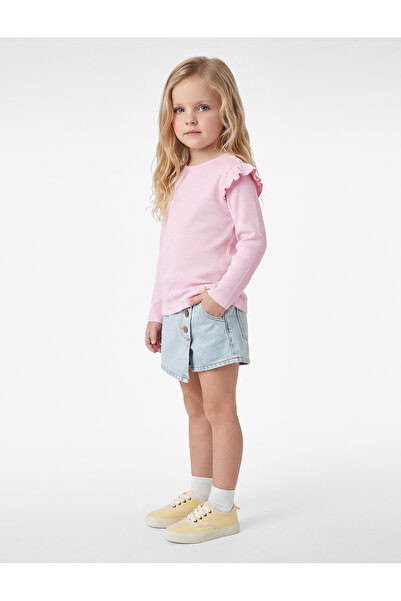 Koton Cotton Long Sleeve Frill Detailed Crew Neck T-shirt