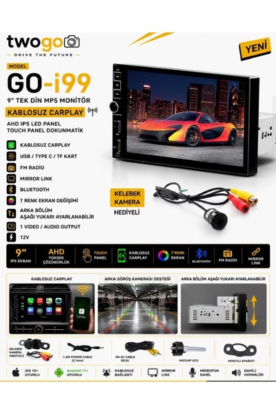 Twogo GO-I99 9Inç Hd Dokunmatik Ekran Şahin Mp5 Monitör Carplay 60WX4 Usb Bt ...
