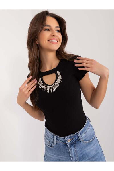 TRENDY.İNG Tricou decupat negru cu aplicatii