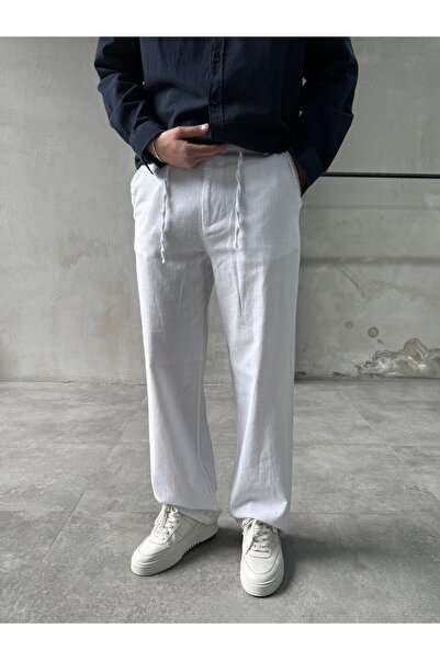 DIFRANSEL JEANS Λινό βαμβακερό λευκό φαρδύ παντελόνι