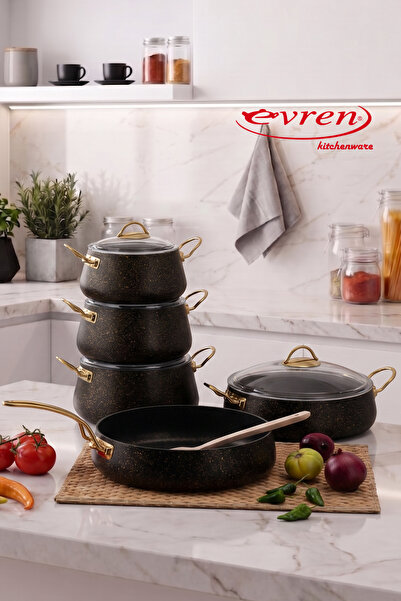EVREN MUTFAK 9 Parça Gold Stone (Black) Granit Bakraç Tencere Seti Yapışmaz T...