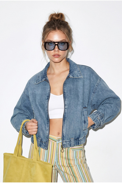 Bianco Lucci Γυναικείο τζιν μπουφάν με φερμουάρ και λεπτομέρεια ζώνης 3667 60...