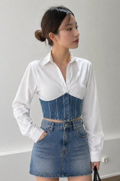 Tarz Cool Γυναικείο τζιν πουκάμισο με λεπτομέρεια κορσέ και ειδικό σχέδιο