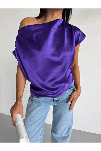 QUTTA Γυναικεία μωβ μπλούζα με κοντό μανίκι και σατέν ύφανση