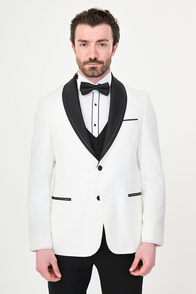 Mcr Straight Slim Fit Removable Shawl Collar Men's Groom Suit White - 45457.26Y
