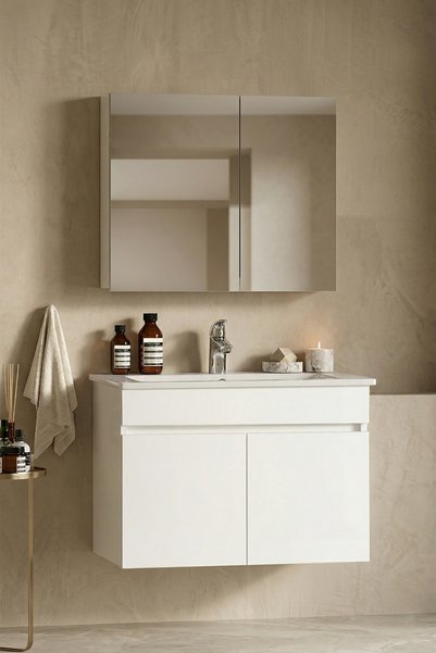 ÖZCEDEN Lotus 75 cm Beyaz MDF Seramik Lavabolu Asma Banyo Dolabı Takımı