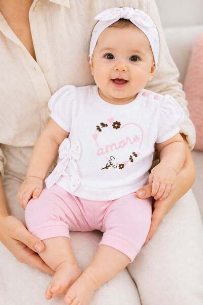 Baby Girl 3-Piece Set Amore(Italian LOVE) Embroidered Bowtie Detailed T-Shirt+Capri Shorts+Bandana 0-3-6-9 A