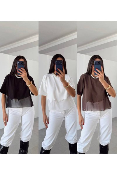 LİNDALİNA TEKSTİL Tül Detaylı Bacis T-shirt