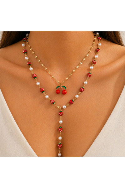 GlaMLo Accessories Σετ 2 χρυσών κολιέ με κεράσια, φράουλες και μαργαριτάρια