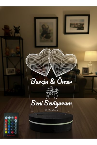 Eymi Design Kişiye Özel Çift Kalpli 3D LED Gece Lambası İsim Yazılı Sevgiliye...