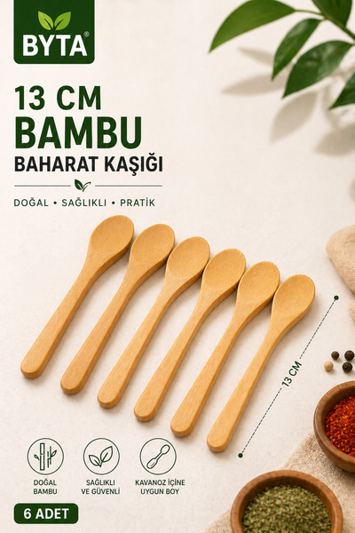 BYTA Mini Bambu Kaşık 6 Adet 13 cm – Çok Amaçlı Servis & Ölçü Kaşığı, Baharat...