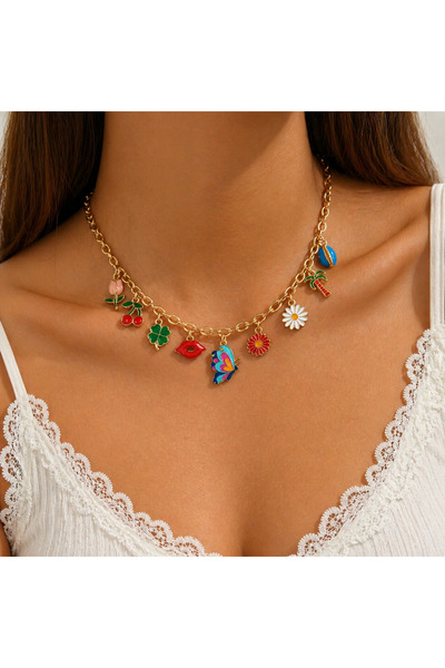 GlaMLo Accessories Χρυσό κολιέ με πολύχρωμα μενταγιόν, πεταλούδα, λουλούδια κ...