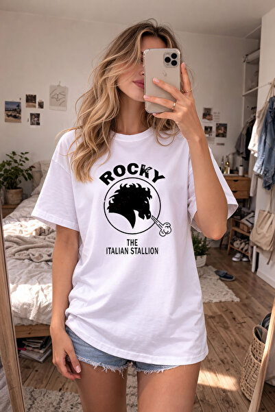 AYDESİGN Μπλουζάκι με στάμπα Rocky Balboa, λευκό, με λαιμόκοψη ποδηλάτου