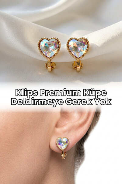 Elifsu Jewelry Klips Küpe Parlak Kalpli Zirkon Taşlı Deliksiz Küpe Premium Ta...