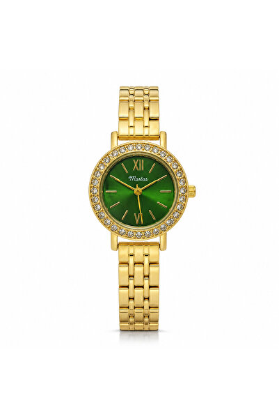 Marlas Green Dial Women's Wristwatch, Retro, Rhinestone Gold Color Steel Band Stylish Elegant Watch