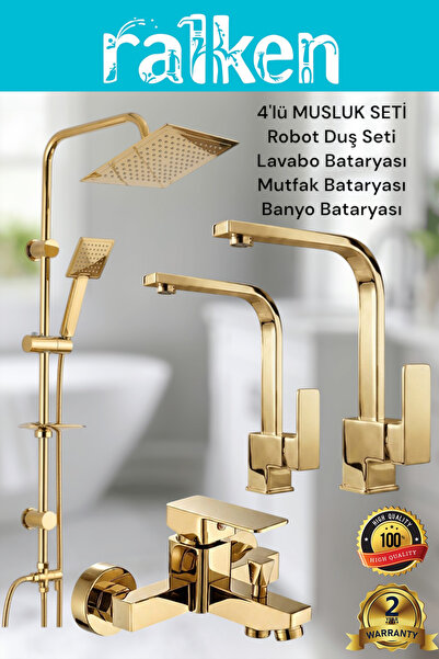 RALKEN 4’lü Batarya Seti Gold Altın Pirinç Kare Banyo Lavabo Mutfak Eviye Mus...