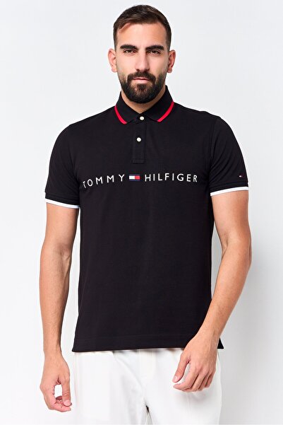 Tommy Hilfiger قميص بولو رجالي بقصّة Slim Fit وشعار مطرز وأكمام قصيرة، أسود