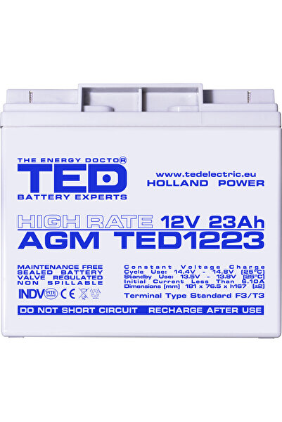 TED Electric Acumulator Staționar Etans AGM VRLA 12V 23A F3 T3 De Curent Ridicat, Dimensiuni 181mm x 76.5mm x h167mm