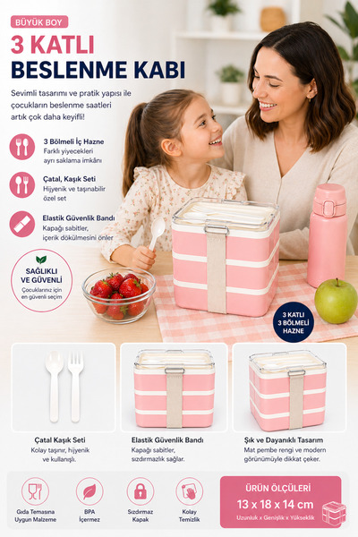 TOTTERİQ 3-Tier 3-Compartment Children's Nutrition Container Large Size 13X18...