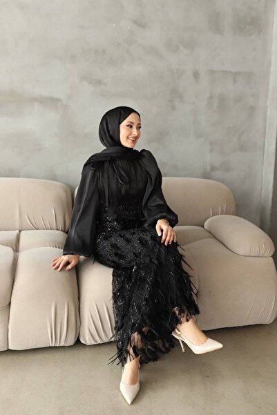MODA 10 Tüy Detaylı Payetli Uzun Abiye Elbise