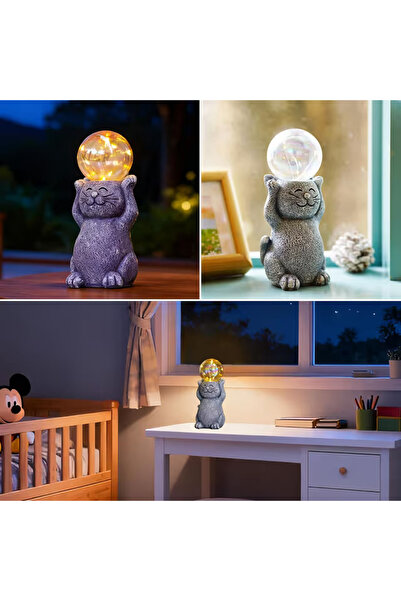 goodeco Figurina Decorativa Pisica cu Lampa LED Magica, Lampa de Veghe, 16 cm, Gri
