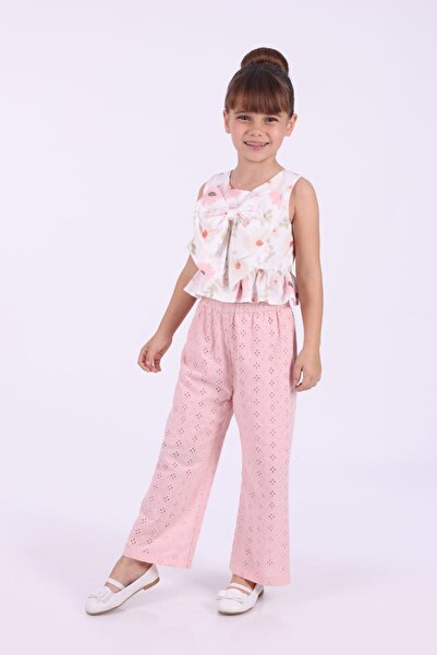 Serkon Kids Kız Çocuk Askılı Fiyonklu Crop Fistolu Keten Pantolon Brode Takım