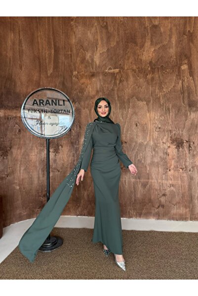 hacer ayaydın Adriana Evening Dress with Cape on the Shoulder and Embellished...
