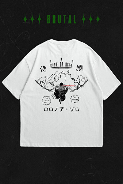 Brutal Dept. Roronoa Zoro King of Hell Oversize White T-Shirt - One Piece Ani...
