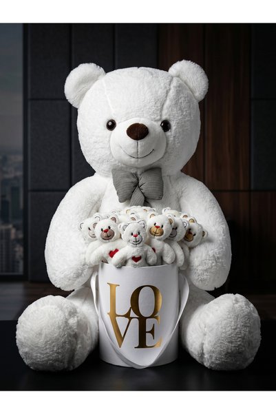 lenostra 90cm Large White Plush Bear 15-Piece Red Heart Mini Teddy Bear White Gold Love Box Engagement Wedding Valentine Concept Gift Set