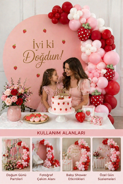 TATLI GÜNLER 70 Adet Pink Blush Çilek Konsept Balon Zinciri Doğum Günü Süsleme Seti