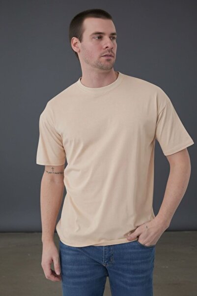 oraystore Crew Neck Unisex Basic Plain Beige T-Shirt