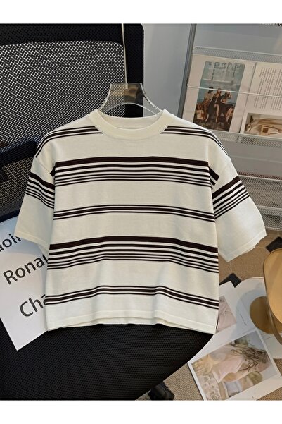 ModaYaren Γυναικεία μπλούζα με κοντό μανίκι και ρίγες, κανονική εφαρμογή, με ...