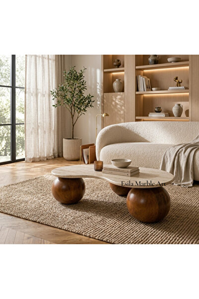 ESİLA MARBLE Modern Traverten Orta Sehpa – Ahşap Küre Ayaklı Şık Tasarım