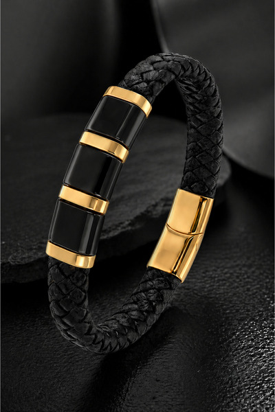 İyyaKee Men's Leather Bracelet Black and Gold Color Detailed Braided Design S...