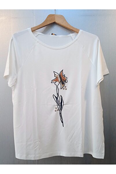 Whip Design WHİP DESİNG Büyük Beden Bisiklet Yaka Çiçek Baskılı Ekru Renk Bluz