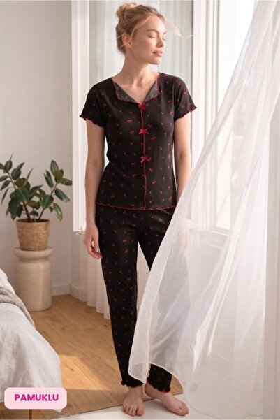 ÇAĞRI HOMEWEAR Σετ πιτζάμες με μαύρο κερασί χρώμα, με λαιμόκοψη βάρκα, χωρίς ...