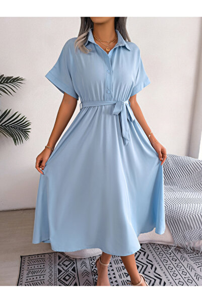 Take Two By Styli Blue Solid Midi Dress with Tie-Belt