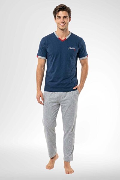 Mecit Pijama Mecit 4005 Indigo 100% Cotton Men's Pajama Set
