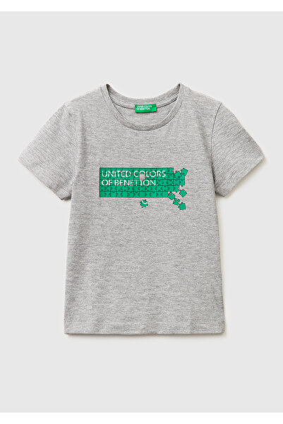 United Colors of Benetton Μπλουζάκι για αγόρια σε γκρι μελανζέ με στρογγυλή λ...