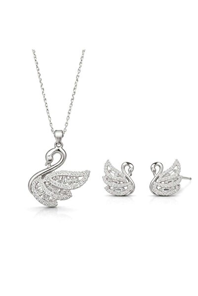 neslyaccessories 14K White Gold Kuğu Kolye Küpe Seti